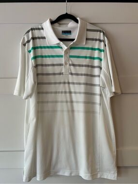 PGA Tour White Polo with Gray and Teal Stripes
